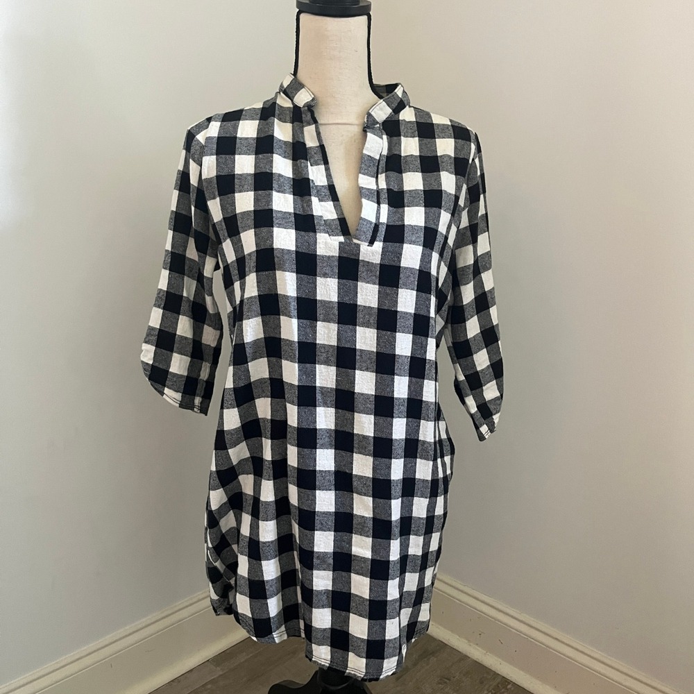 Buffalo Plaid Tunic Top Womens size Medium Black White Cotton 3/4 Sleeve Popover